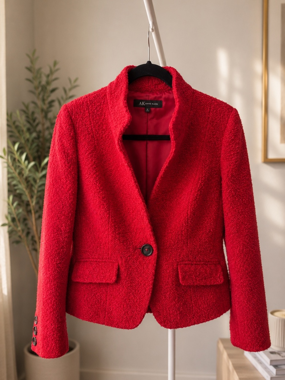 Anne Klein Vibrant Red Bouclé One-Button Blazer
